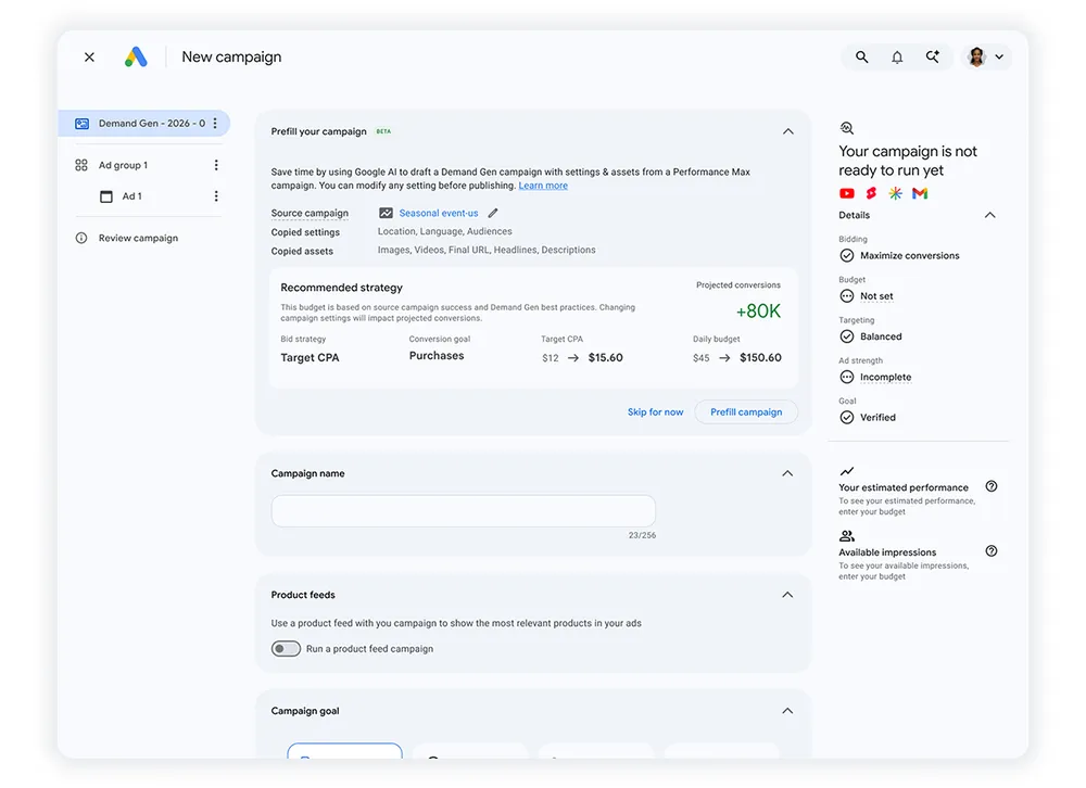 UI of Gemini-Assisted Campaign Setup in Google Ads